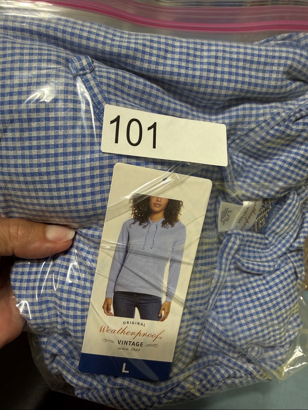 Blue and White Gingham Lightweight Hooded High-Low Jacket
